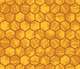 Yellow honey wallpaper. Hive honeycombs, grunge pattern. Hexagonal cells seamless texture. Honeycomb grid honeyed. Vector illustration