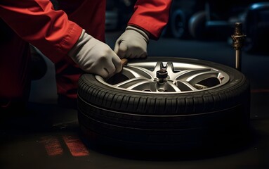 car mechanic changer wheel with flat tire.