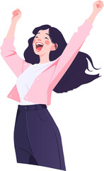 Young pretty woman hooray happy smiling and jumping. Full body character. Hand-drawn style minimal design illustration.