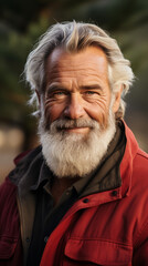 Senior Man with a Friendly Smile in Red Jacket Outdoors

