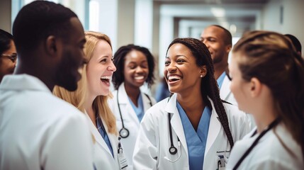 The photograph captures a moment of joy and satisfaction in a hospital setting. In a brightly lit hospital corridor, a group of doctors and nurses gather in a circle, sharing laughter and smiles - obrazy, fototapety, plakaty