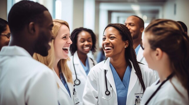 The photograph captures a moment of joy and satisfaction in a hospital setting. In a brightly lit hospital corridor, a group of doctors and nurses gather in a circle, sharing laughter and smiles