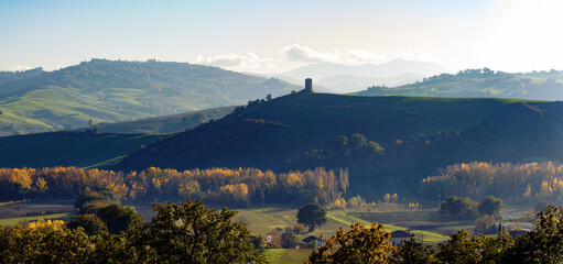 View of an ancient tower on Montefeltro in Italy's Marche region, near Tavoleto, in autumn.