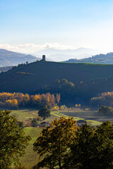 View of an ancient tower on Montefeltro in Italy's Marche region, near Tavoleto, in autumn.