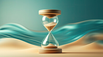 Hourglass with blue sand inside in a warm golden morning sunlight with shadow on a sandy beach and sea background, starting time for a new day or running of time. Concept of the rapid passage of time. - obrazy, fototapety, plakaty