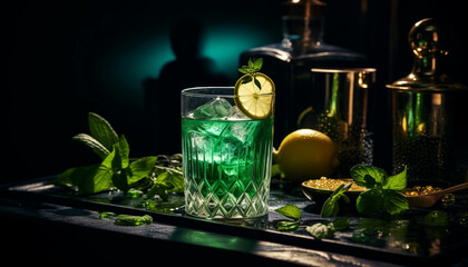 two glasses of green liquid with ice and mint leaves