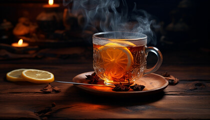 a cup of tea with lemon slices and cinnamon sticks