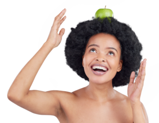 Apple, health and diet food of black woman with natural skincare isolated on transparent, png background. Wellness, excited and dermatology of female person with fruit balance for healthy nutrition