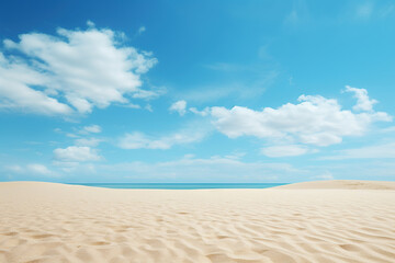 White sand and blue sky. Vacation, travel, beach holiday concept. Generated by artificial intelligence