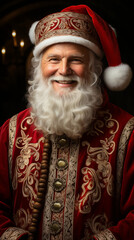 Jovial Santa Claus in Ornate Costume Smiling

