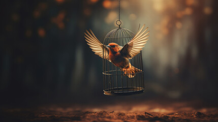 Bird cage empty, bird escape, freedom concept,Escaping from the cage