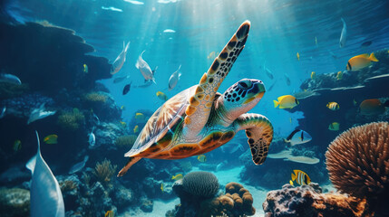 Fototapeta premium turtle swimming among fishes in blue water of ocean. Beautiful nature underwater world concept,