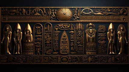 Ancient Egyptian hieroglyphs, pyramids, mysterious signs, Pharaoh, golden figures.