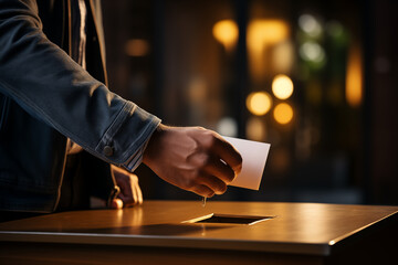 close-up photo of a hand inserting a marked ballot into a ballot box, emphasizing the act of voting.