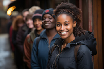 Fototapeta premium photo showcasing people of diverse backgrounds waiting in line to cast their votes with enthusiasm.