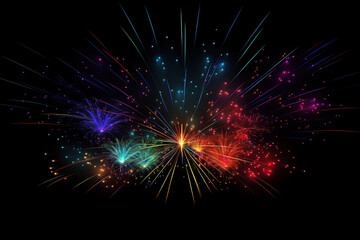 Colorful fireworks on a black background. Vector illustration. 
