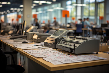 photo of the equipment used in the ballot counting room, with tally machines and computers, set against a blurred, busy counting center. Eye-catching photo, blurry background