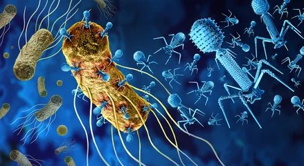 Fotobehang Phage and Bacteriophage attacking bacteria as a virus that infects bacteria as a bacterial virology symbol as a pathogen that attacks bacterial infections as a bacteriophages background. © freshidea