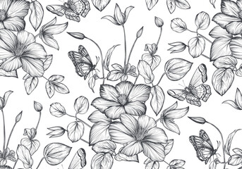 Beautiful hand drawn vector seamless pattern with black and white garden flowers, clematis, hydrangea, begonia