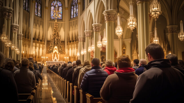 A solemn yet uplifting midnight Christmas mass scene inside a beautifully decorated church