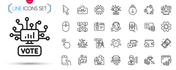 Pack of Puzzle options, Route and Scroll down line icons. Include Third party, Teamwork, Start business pictogram icons. Time management, Augmented reality, Hold smartphone signs. Vector