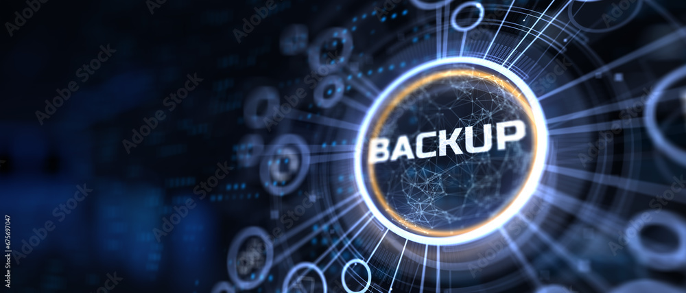 Poster data backup information protection cyber security concept on virtual screen.
