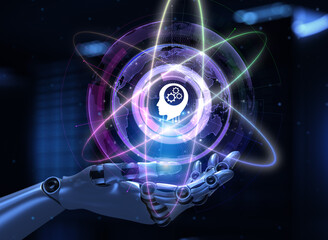 Machine learning artificial intelligence neural network. Robot hand Pressing button 3d render.