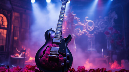 Obraz premium Close up of electric guitar on a stage during rock concert.