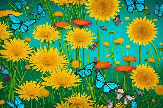 Fototapeta A vibrant meadow teeming with life, bees and butterflies hovering around the dandelion flowers