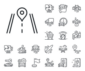 Journey path sign. Plane, supply chain and place location outline icons. Road line icon. Highway route gps symbol. Road line sign. Taxi transport, rent a bike icon. Travel map. Delivery truck. Vector