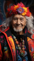 Elderly Man with Colorful Traditional Attire and Floral Hat

