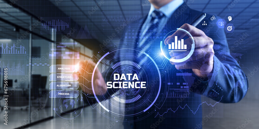 Poster data science analytics concept. businessman pressing button on screen.