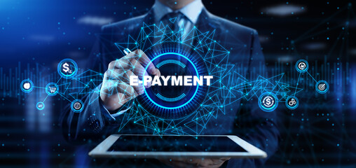 E-payment digital money online banking. Businessman pressing button on screen.
