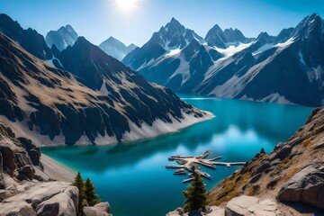 **A breathtaking natural landscape with rugged mountains, a pristine blue lake nestled at their base, clear skies, and a sense of awe-inspiring grandeur, Realistic photography, full-frame DSLR with a 
