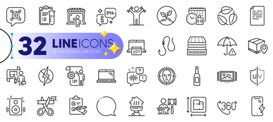 Outline set of Medical analyzes, Settings blueprint and Antistatic line icons for web with Hook, Leaves, Speakers thin icon. Beer, Home grill, Auction pictogram icon. Floor plan. Vector