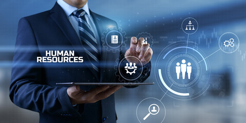 HR Human resources management Recruitment Headhunting. Businessman pressing button on screen.