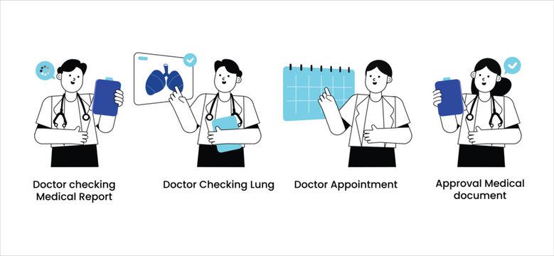 Health medical illustration with doctor checking
medical report, doctor checking lung, doctor appointment and approval medical document. vector illustration