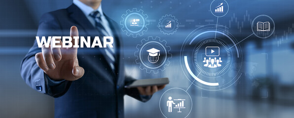 Webinar online learning education concept. Businessman pressing button on screen.