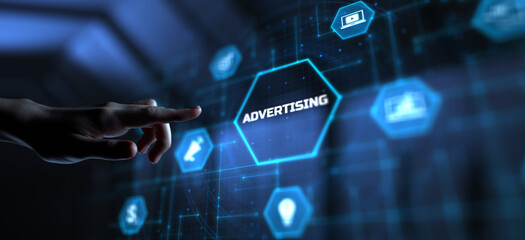 Advertising advertising online marketing strategy. Hand pressing button on screen.