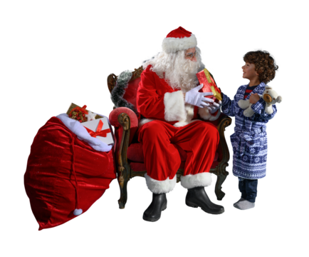 Happy  santa claus is ready to deliver christmas gifts to a child