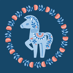 Vector hand drawn illustration of animals in Nordic style hygge. Horse in floral wreath in Folk Scandinavian style
