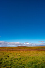 Obraz premium Cover page with highland glacial river and surreal volcanic mossed landscape in Iceland, summer, with blue sky and copy space