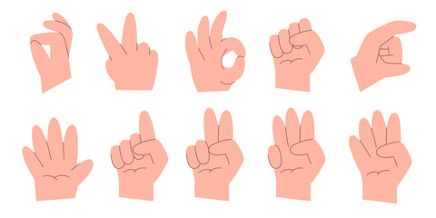 Fototapeta premium Hand gesture collection flat illustration expression signal fat big palm pointing hand drawn