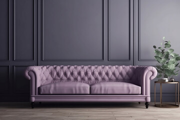 Soft sofa on background of purple wall, concept of modern minimalist interior.