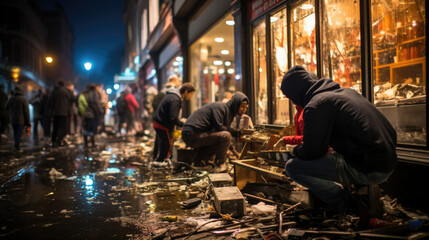 Looting and destructions. Looters seen breaking into the store. - obrazy, fototapety, plakaty