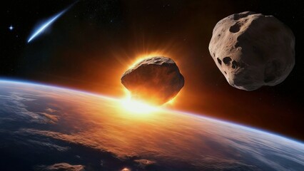 Asteroid impact planet earth. Cosmic clash. Cosmic art. Galactic art. High Resolution. 4K - 8K - 12K TV. Generative AI.