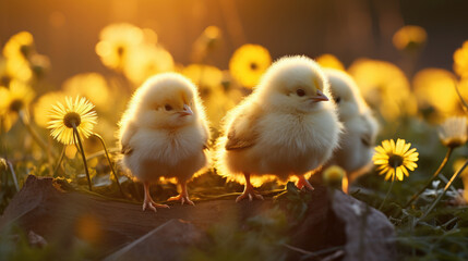 small cute fluffy yellow chicken, bird, Easter symbol, spring, nature, postcard, animal, grass, pet, chick, baby, beak, feathers, close-up, tousled, beauty, rustic, farm, flower, dandelion