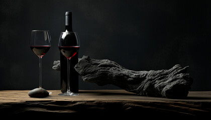 wine glass and bottle on a wooden table