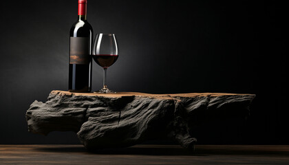 wine glass and bottle on a wooden table