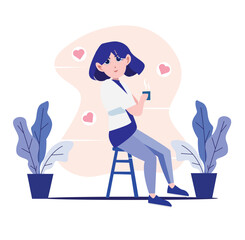 Woman with hand on mu, feeling self love, bliss, harmony, positive emotion. Happy calm peaceful girl volunteer. Care, humanity, selfhelp and peace concept. Colored flat vector illustration